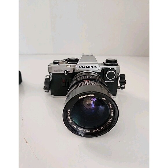 Vintage Olympus OM-10 35mm film Camera Soligor 70mm F2.5/3.5 Lens And winder